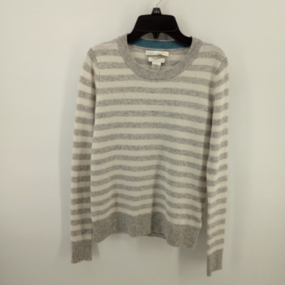 100% Cashmere Gray Ivory Striped Crew Neck Sweater 2 ply C&C California Small - Picture 3 of 8